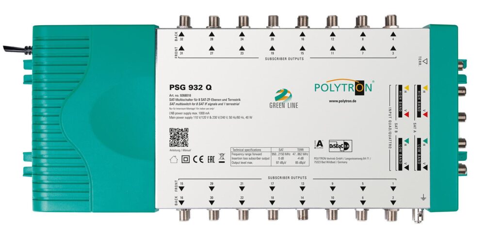 PSG 932 Q Πολυδιακόπτης 9/32 ACTIVE(2 Δορυφόροι+ Επίγεια-32 Εξόδους) 22kHz Με Τροφοδοτικό POLYTRON