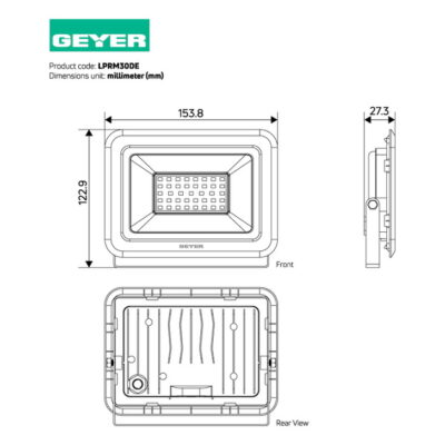 LPRM30DE Προβολέας LED Economy 30W 6500K 2700lm IP65 μαύρος GEYER