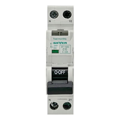EF110DC Ρελέ διαρροής 1P 30mA Τύπος A με αυτόματη ασφάλεια C 10A 6kA GEYER