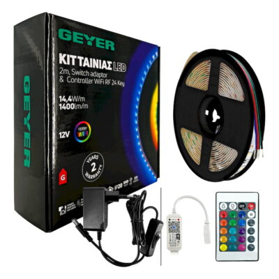 LSKIT144RGBW20 KIT Ταινίας LED 14,4W 12V RGBW IP20 2m + Αντάπτορας με διακόπτη + Χειριστήριο WiFi RF 24 Key GEYER
