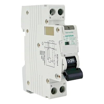 EF106DC Ρελέ διαρροής 1P 30mA Τύπος A με αυτόματη ασφάλεια C 6A 6kA GEYER