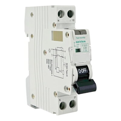 EF132DC Ρελέ διαρροής 1P 30mA Τύπος A με αυτόματη ασφάλεια C 32A 6kA GEYER