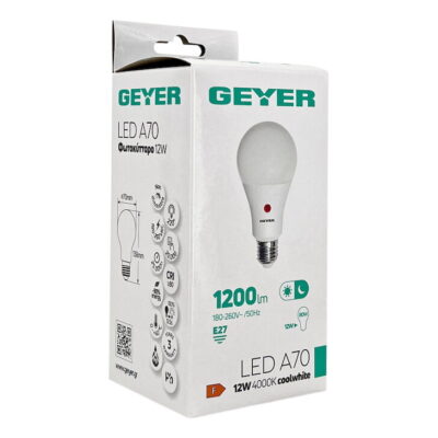 LACE2712DNG2 Λάμπα LED Κλασική A70 12W E27 4000K 1200lm με Sensor Ημέρα/Νύχτα GEYER