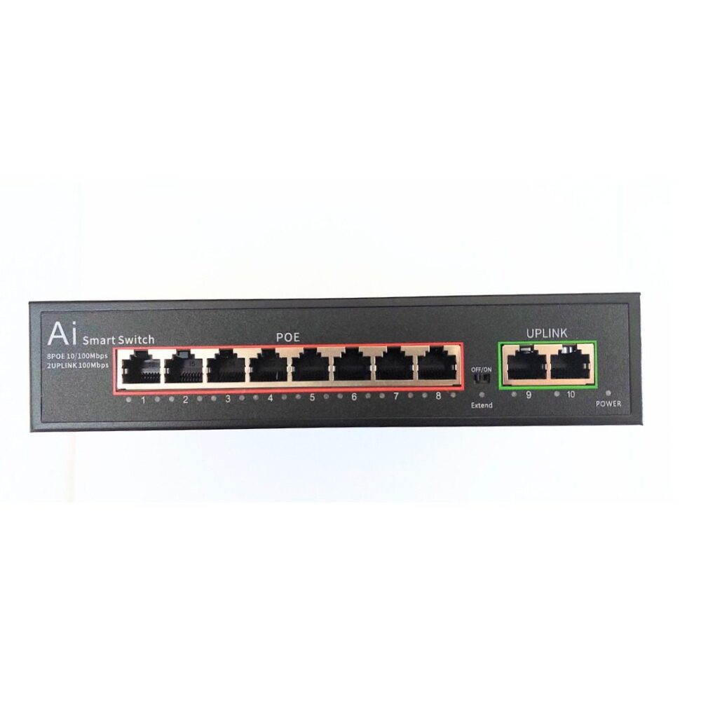 ANGA PS-E5082B POE Switch(8+2 Built-in) 8 Port 10/100M 1 POE Port: 8*10/100Mbps Uplink Port: 2*10/100Mbps 2 Built in DC52V 2.3A 120W Power Bandwidth:2G