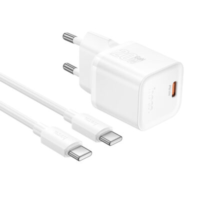 Φορτιστής Ταξιδίου Hoco N64 Ingenious GaN με 1 Εξόδο Φόρτισης USB-C PD20W 5V 3.0A + Καλώδιο Φόρτισης USB-C σε USB-C 1m Λευκός