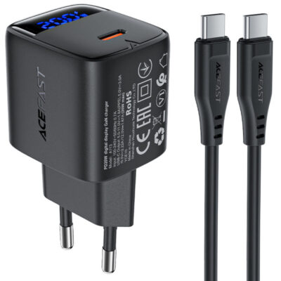 Φορτιστής Ταξιδίου Acefast A113 Fast Charging USB-C PD20W GaN με Digital Ένδειξη Φόρτισης + Καλώδιο USB-C σε USB-C Μαύρος