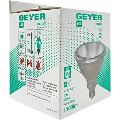LP38WE2715-12/24 Λάμπα LED PAR38 15W E27 3000K 1100lm 12-24V AC/DC IP65 GEYER