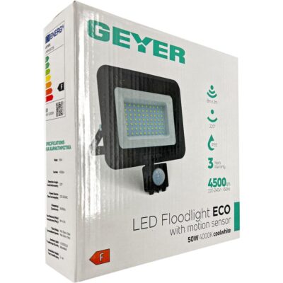 LPRM50CES Προβολέας LED Economy 50W 4000K 4500lm IP65 μαύρος με ανιχνευτή κίνησης GEYER